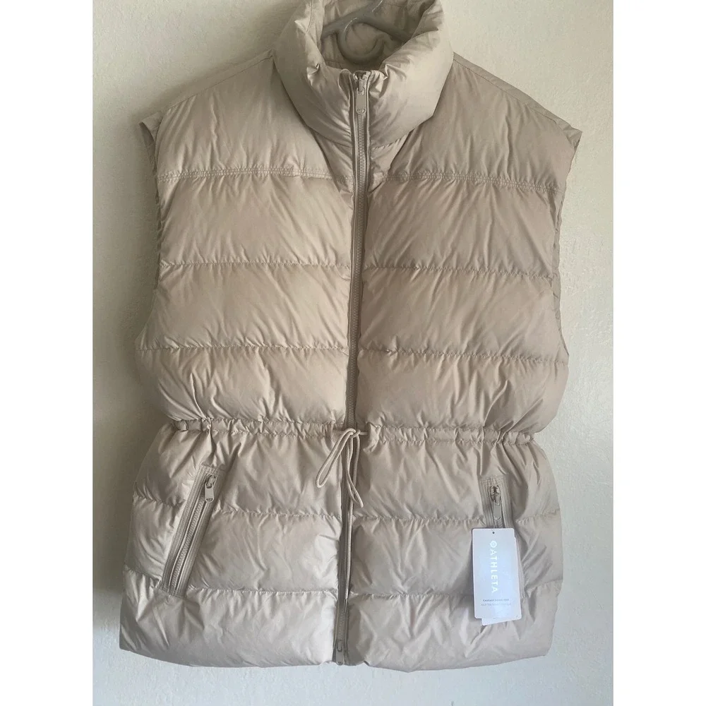 NEW Athleta Cascade Down Vest Womens M Beige Full Zip Puffer Drawstring Pockets - Picture 2 of 10